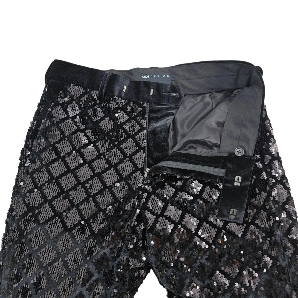 ASOS Design Suit Mens 38/31 Black Sequin Velvet Shawl Lapel Belted Luxury Disco